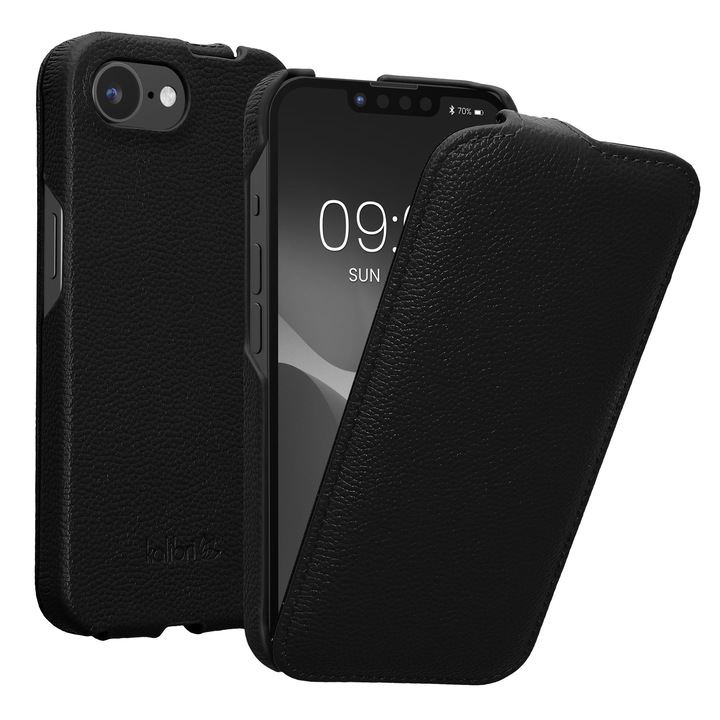Husa tip flip Kalibri pentru iPhone 17e/16e, protectie la zgarieturi, protectie la praf, piele naturala, negru