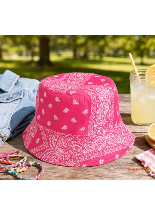 Palarie Bucket Copii Shopiens, roz cu imprimeu paisley alb, bor moale, marime 53-55 cm