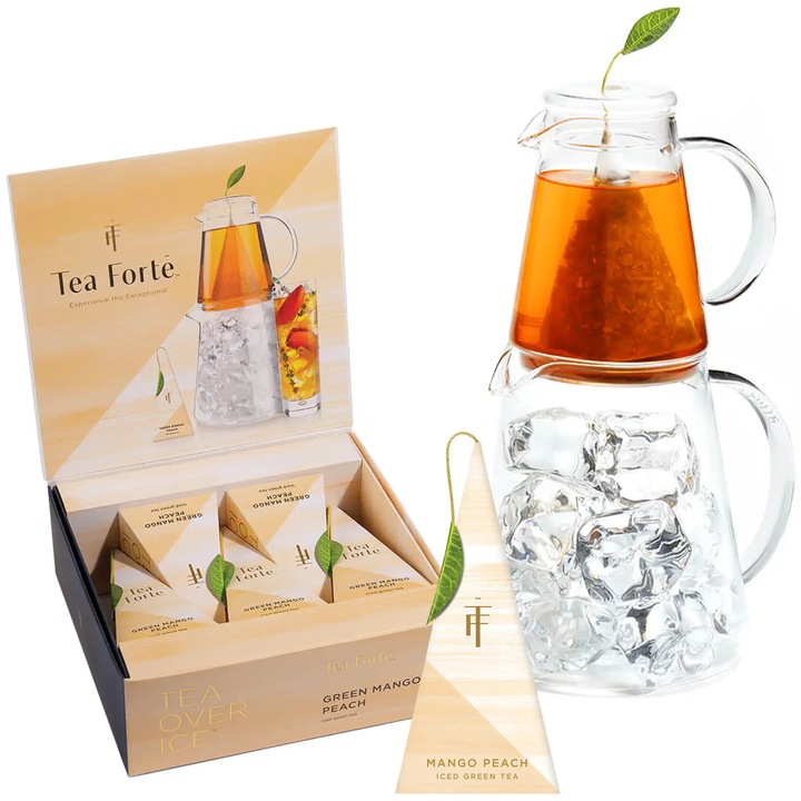 Ajándék szett jeges teáskannával és 5 Iced Tea Green Mango Peach piramis teával, Tea Forte