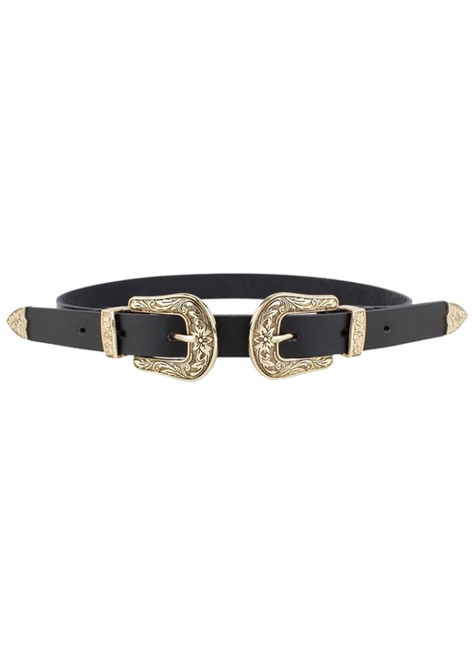 Curea din piele vintage western pentru femei cu catarama dubla, curele retro cowgirl pentru blugi si rochii, neagra