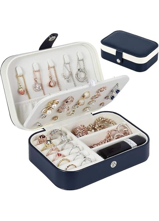 Cutie de bijuterii, organizator de bijuterii de calatorie cu strat dublu pentru colier, cercei, inele si accesorii de calatorie pentru femei (albastru inchis)