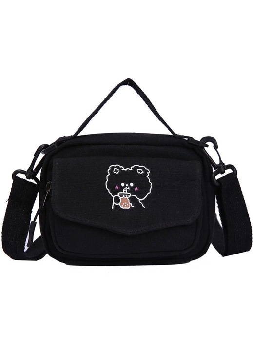 Kawaii vászon válltáska, crossbody típusú, japán rajzfilmekkel, messenger típusú, Preppy (fekete)