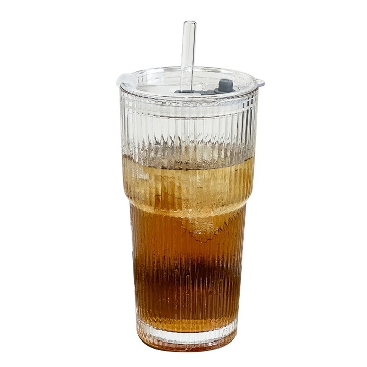 Pahar de mare capacitate cu dungi verticale si capac - reutilizabil, reciclabil, potrivit pentru masina de spalat vase, pentru bauturi reci, suc, cafea, apa