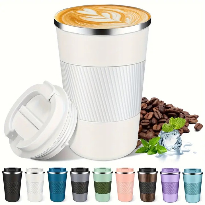 Cana de cafea izolata din otel inoxidabil de 430 ml - Capac etans izolat in vid cu perete dublu, maner ergonomic, mentine bauturile calde sau reci calde mai mult timp, cadou unisex (mai multe culori disponibile), cana moderna pentru baut