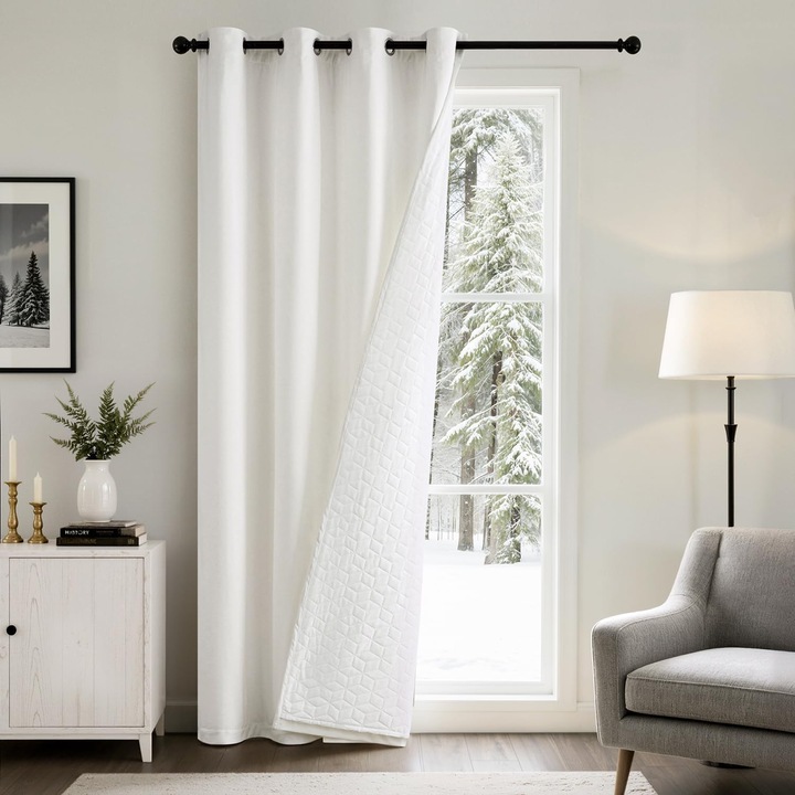 Hőszigetelő függöny ablakra, EMEMA, bársony, sötétítő, 260 x 132 cm, fehér, 1 darab, 8 fém fűzőlyuk, poliészter, velúr, hőszigetelés, teljes sötétítés, mosható