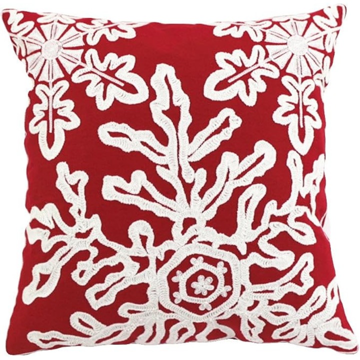 Pachet de 1 fete de perna de Craciun, broderie cu sanie si fulgi de zapada, decorative de iarna, patrate, fete de perna, scoici, 45 x 45 cm, pentru pat, canapea, canapea (rosu, zapada mare (set de 1 buc))