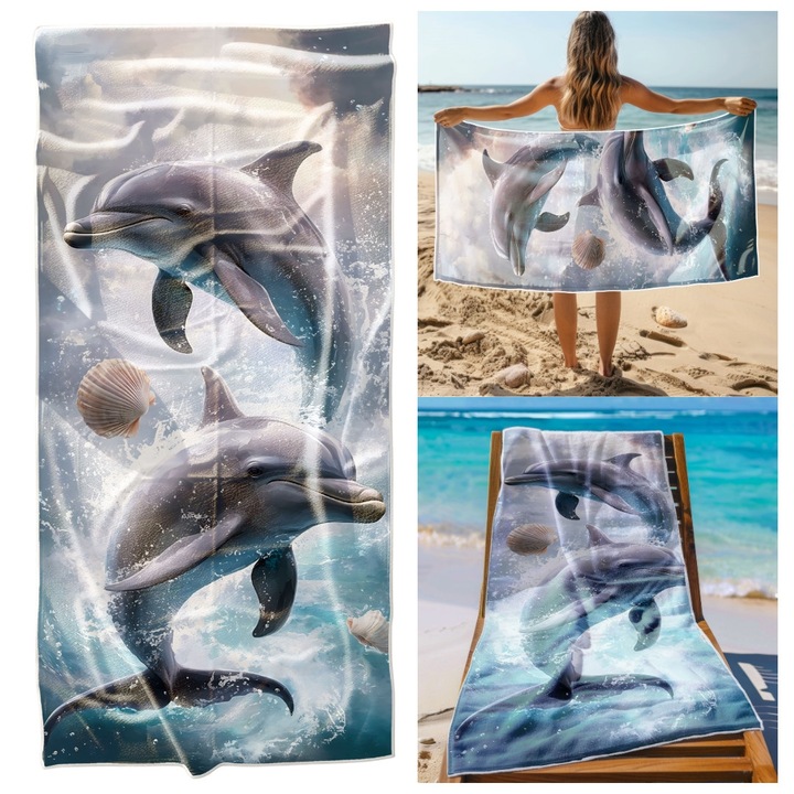 Strandtörölköző, Cotton world, 100 x 180, Delfin mintás, Többszínű, Mikroszálas, Mintás, Oeko-Tex, Gyorsan száradó, Téglalap alakú