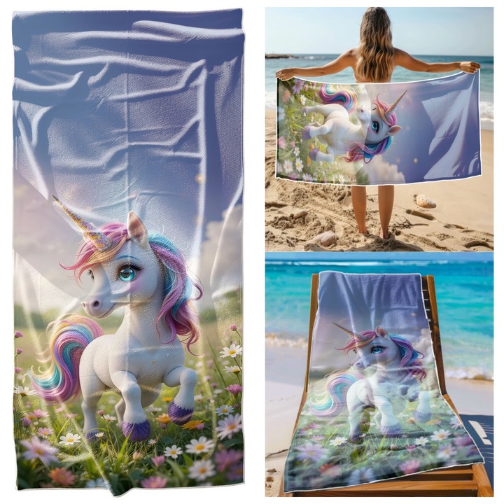 Strandtörölköző, Cotton world, 70 x 140, Egyszarvú mintás, Többszínű, Mikroszálas, Mintás, Oeko-Tex, Gyorsan száradó, Téglalap alakú