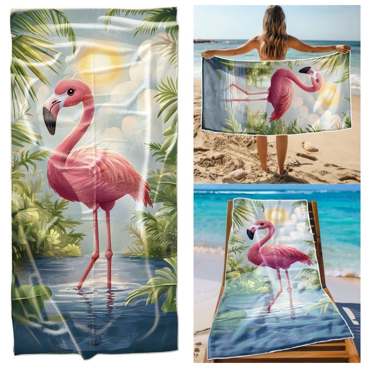 Strandtörölköző, Cotton world, 70 x 140, Flamingó mintás, Többszínű, Mikroszálas, Mintás, Oeko-Tex, Gyorsan száradó, Téglalap alakú