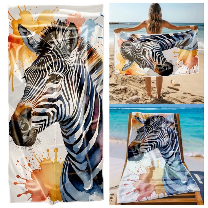 Strandtörölköző, Cotton world, 70 x 140, Zebra mintás, Többszínű, Mikroszálas, Mintás, Oeko-Tex, Gyorsan száradó, Téglalap alakú