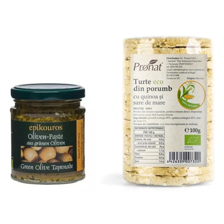 Bio Előétel Csomag: Epikouros Zöld Olajbogyó Paszta Tapenade 190 g + Pronat Bio Kukorica és Quinoa Tortilla Tengeri Sóval 100 g