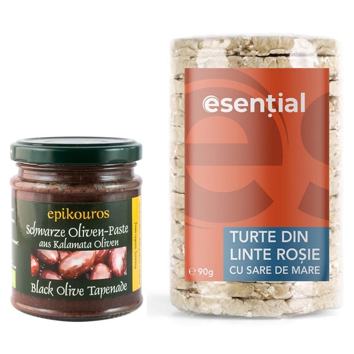 Bio Aperitiv Csomag: Epikouros Kalamata fekete olajbogyó tapenade paszta 190 g + Pronat vöröslencse pogácsa tengeri sóval 90 g