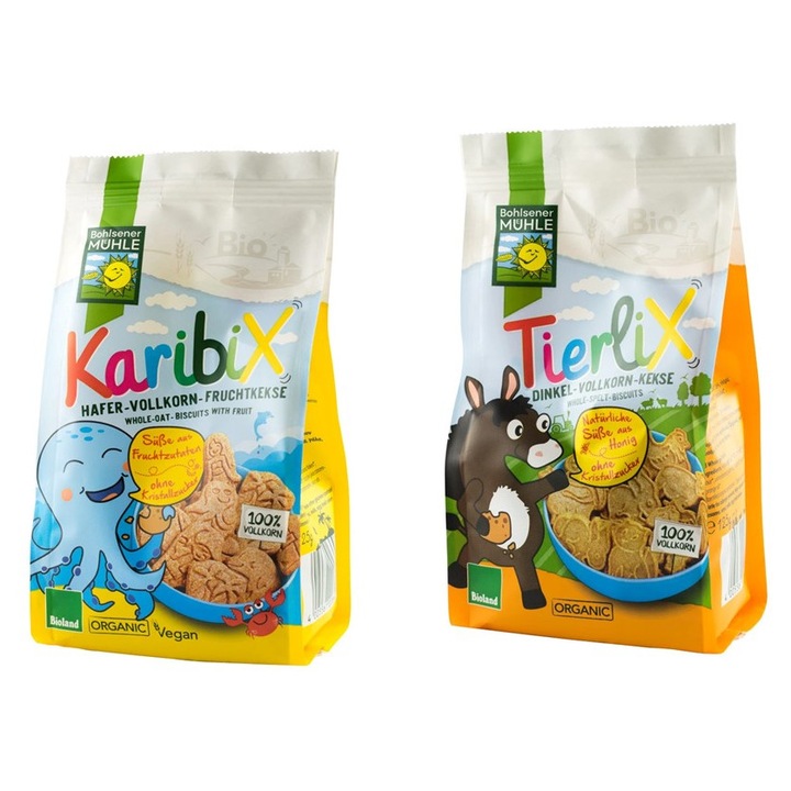 Bohlsener Mühle Bio Keksz Csomag: Tierlix tönkölybúzával és mézzel 125 g + Karibix teljes kiőrlésű zabbal és gyümölcsökkel 125 g