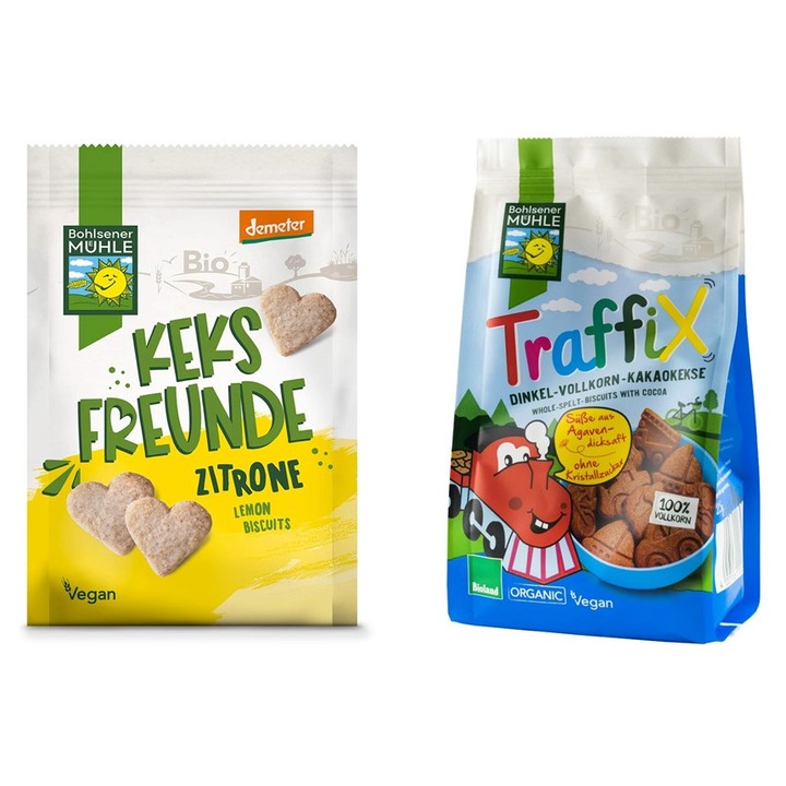 Bohlsener Mühle Bio Keksz Csomag: Freunde citrommal 125 g + Traffix tönkölybúzával és kakaóval, agávéval édesítve 125 g