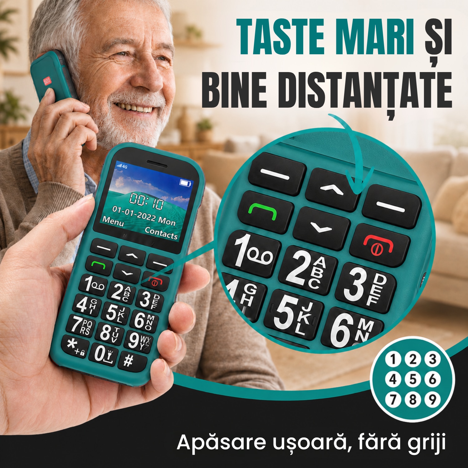 Telefon Mobil Pentru Seniori cu Buton SOS, Meniu in Romana, 4G, Butoane Mari, Bluetooth, Radio, Lanterna, Incarcator USB-C si Suport de Incarcare, Baterie Mare de 1800 mAh, Apelare Rapida, Usor de Utilizat de Catre Varstnici, Pensionari si Bunici