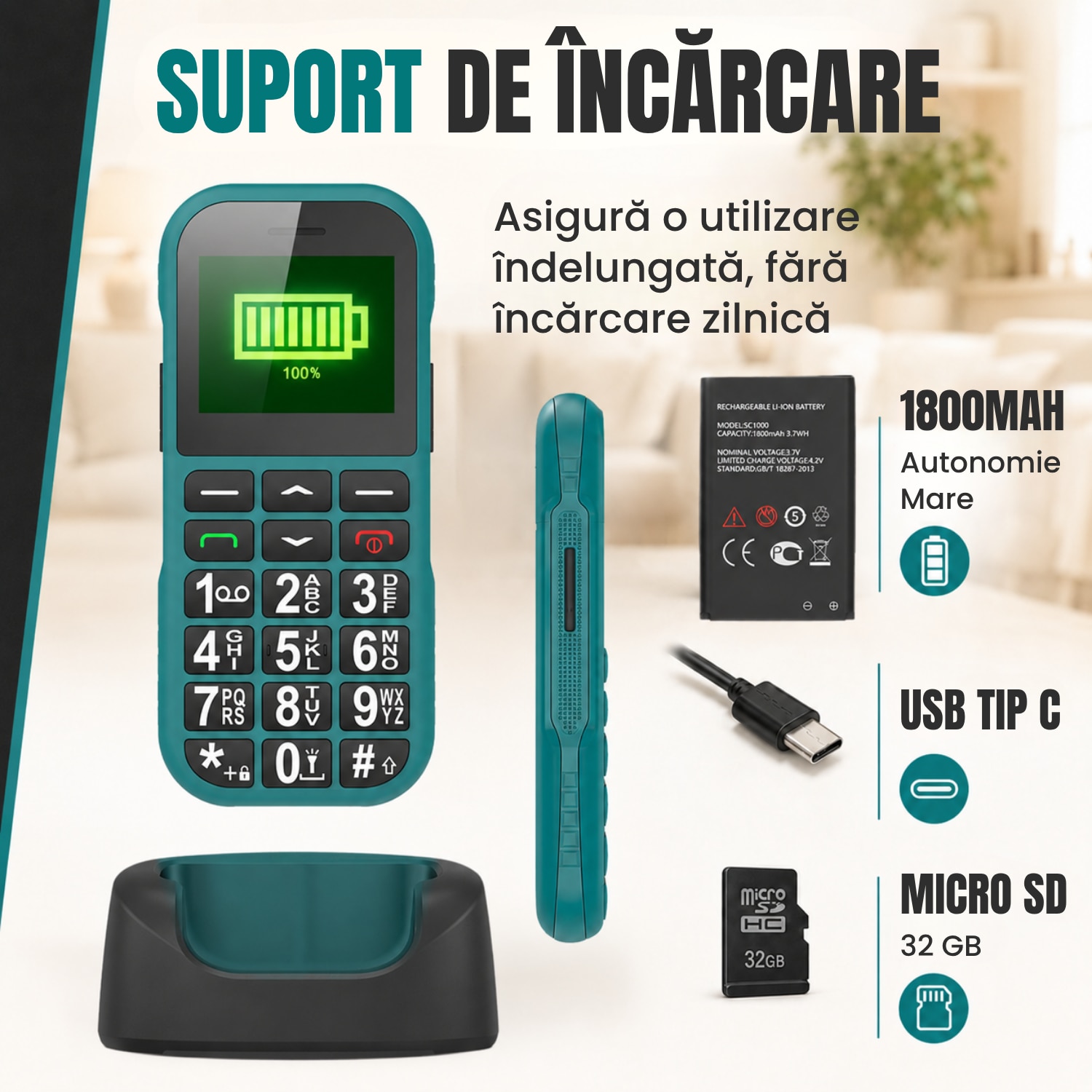 Telefon Mobil Pentru Seniori cu Buton SOS, Meniu in Romana, 4G, Butoane Mari, Bluetooth, Radio, Lanterna, Incarcator USB-C si Suport de Incarcare, Baterie Mare de 1800 mAh, Apelare Rapida, Usor de Utilizat de Catre Varstnici, Pensionari si Bunici