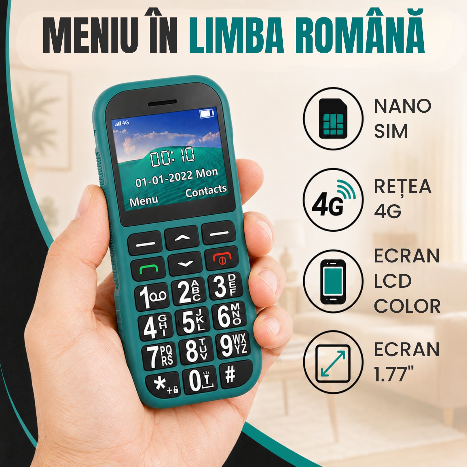 Telefon Mobil Pentru Seniori cu Buton SOS, Meniu in Romana, 4G, Butoane Mari, Bluetooth, Radio, Lanterna, Incarcator USB-C si Suport de Incarcare, Baterie Mare de 1800 mAh, Apelare Rapida, Usor de Utilizat de Catre Varstnici, Pensionari si Bunici
