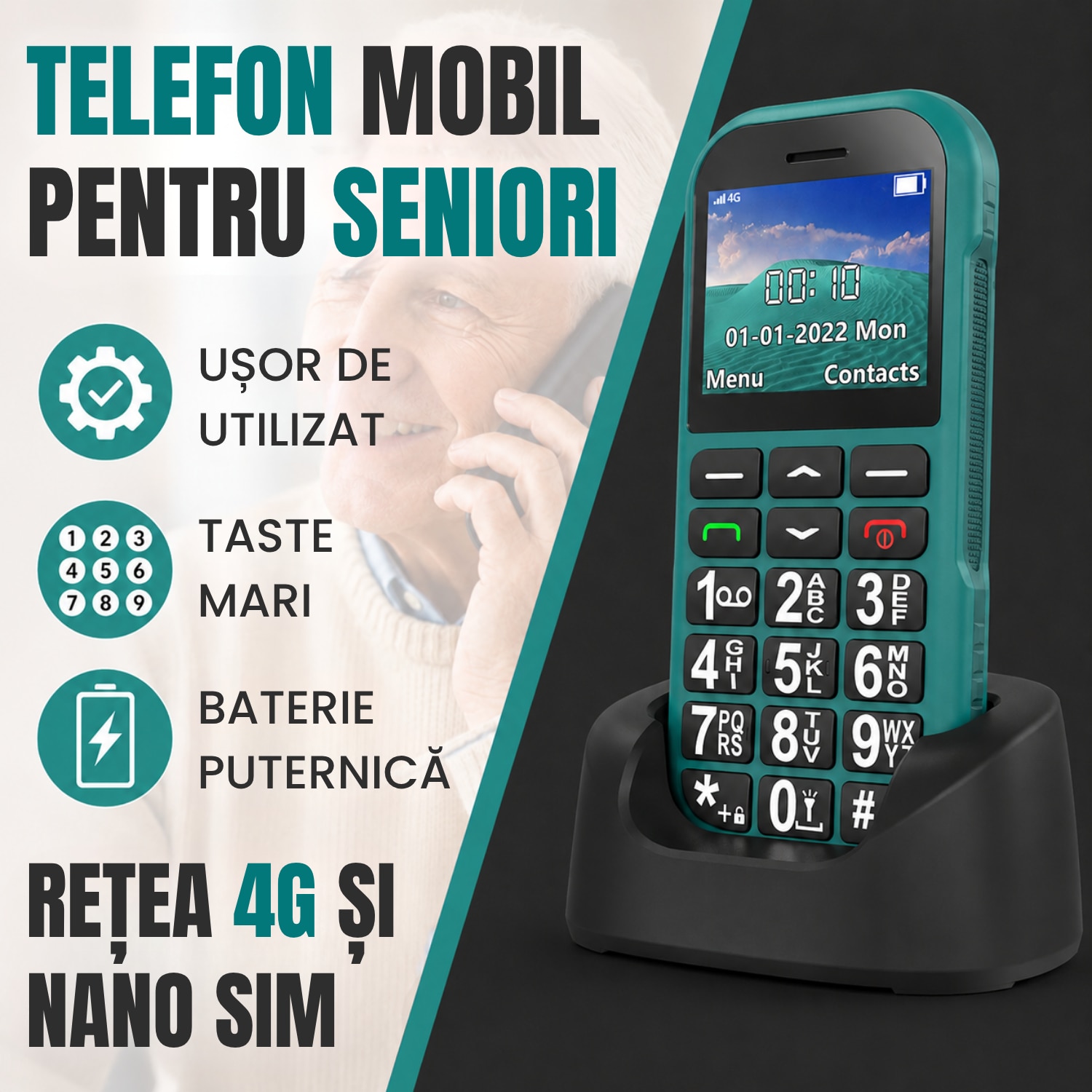 Telefon Mobil Pentru Seniori cu Buton SOS, Meniu in Romana, 4G, Butoane Mari, Bluetooth, Radio, Lanterna, Incarcator USB-C si Suport de Incarcare, Baterie Mare de 1800 mAh, Apelare Rapida, Usor de Utilizat de Catre Varstnici, Pensionari si Bunici