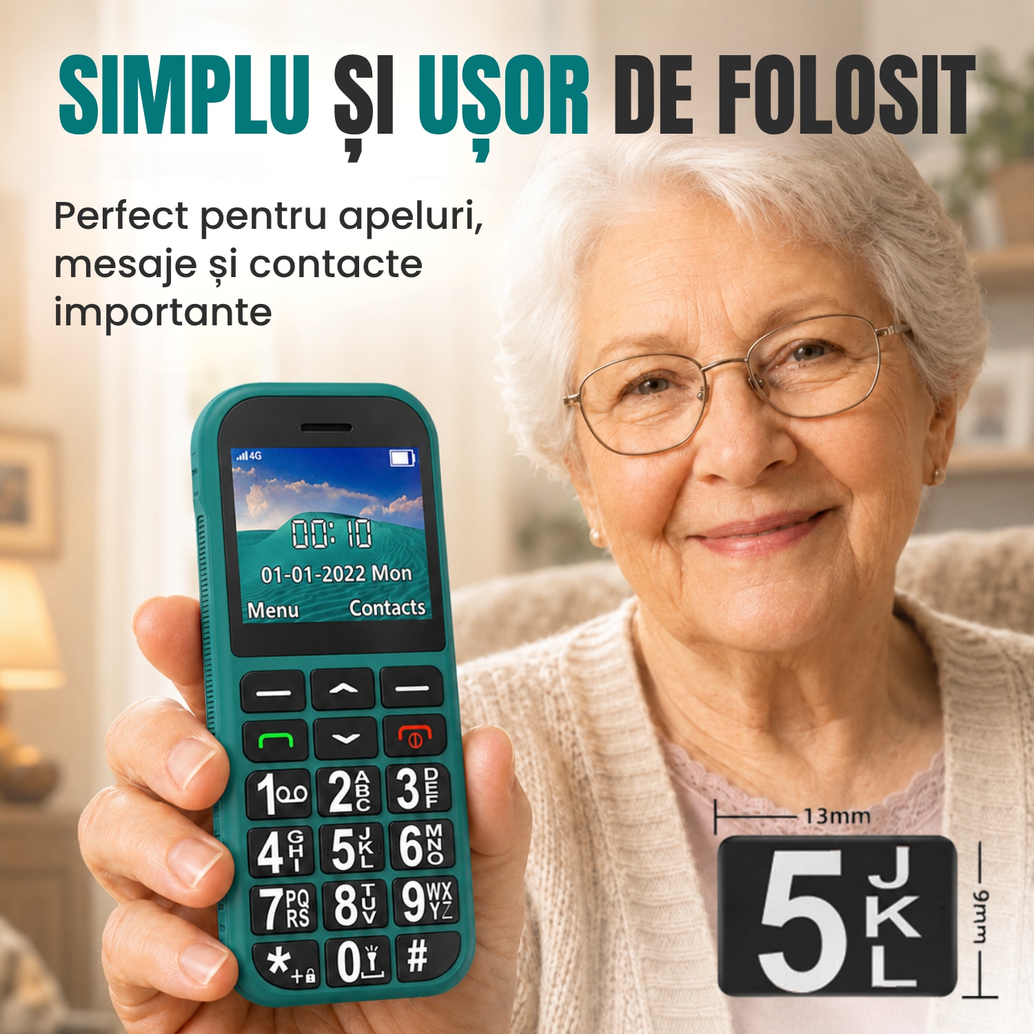 Telefon Mobil Pentru Seniori cu Buton SOS, Meniu in Romana, 4G, Butoane Mari, Bluetooth, Radio, Lanterna, Incarcator USB-C si Suport de Incarcare, Baterie Mare de 1800 mAh, Apelare Rapida, Usor de Utilizat de Catre Varstnici, Pensionari si Bunici
