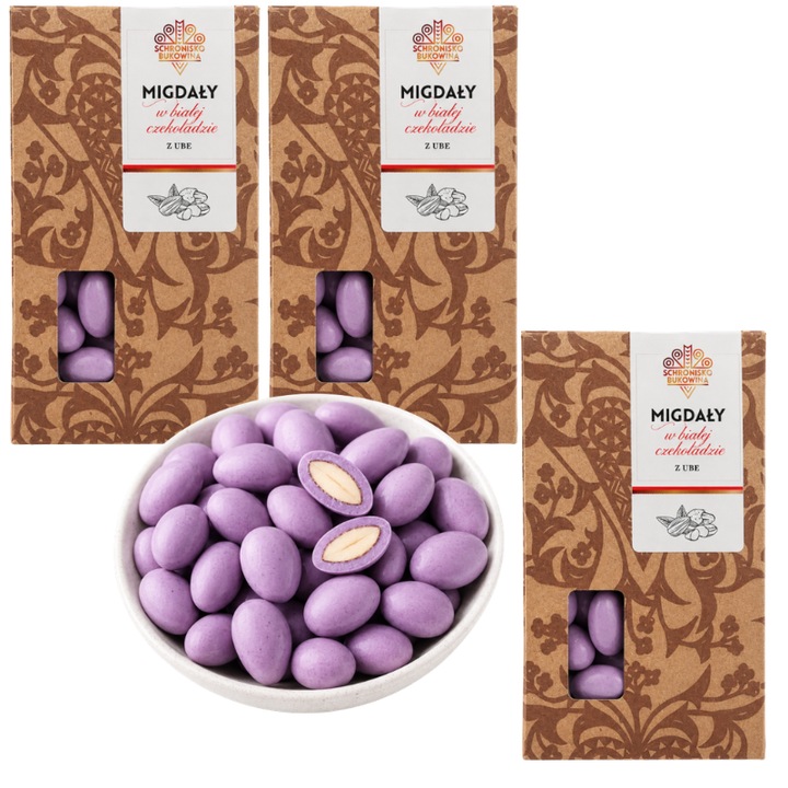 Migdale in ciocolata alba cu Ube, Schronisko Bukowina, 3 bucati, 100 g, migdale glazurate, gustare dulce, desert