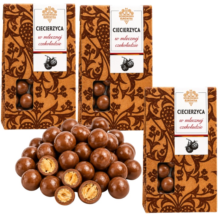 Naut in ciocolata cu lapte, Schronisko Bukowina, 3 cutii, 100 g, gustare dulce, naut crocant, desert cu ciocolata