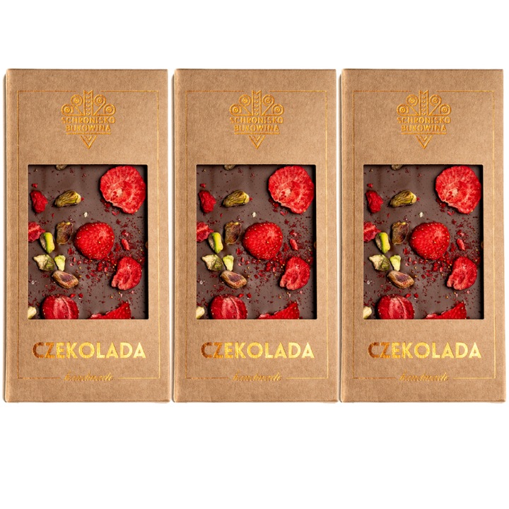 Ciocolata cu lapte, fistic, capsuni, Schronisko Bukowina, 3 bucati, 100 g, ciocolata cu fructe, gustare dulce, desert