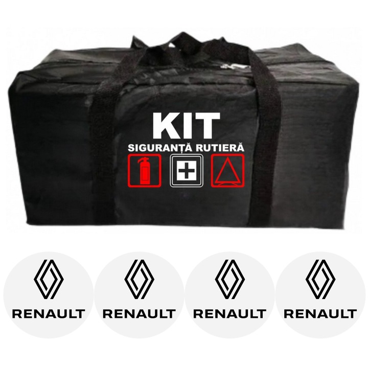 Geanta depozitare pentru kit de siguranta rutiera cu 4 stickere autoadezive RENAULT, rezistenta la umezeala, dimensiuni optime