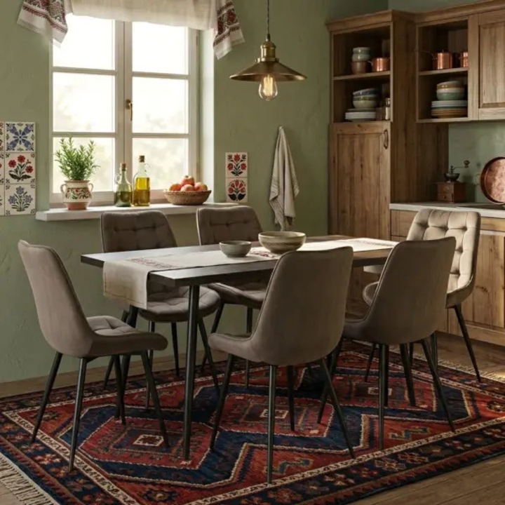 Set Masa Extensibila Bucatarie / Dining Lisabona Wenge ARTA TABLE 140-185 x 80 cm cu 6 Scaune Onix Maro, Tapitate Catifea, Picioare Metalice Negre