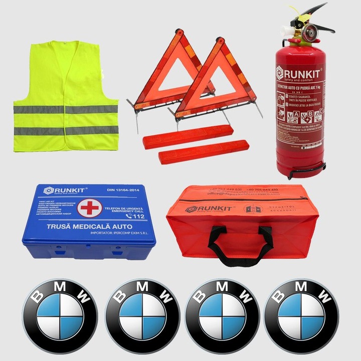 Kit siguranta auto Cri-Flo, Omologat R.A.R, Valabilitate 5 ani, 1x Trusa Prim Ajutor, 2 x Triunghiuri, 1x Stingator tip Spray, 1x Vesta reflectorizanta, Geanta pentru depozitare, 4 Stickere auto cu Bmw