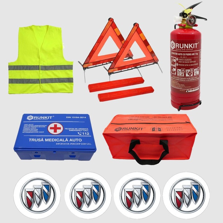 Kit siguranta auto Cri-Flo, Omologat R.A.R, Valabilitate 5 ani, 1x Trusa Prim Ajutor, 2 x Triunghiuri, 1x Stingator tip Spray, 1x Vesta reflectorizanta, Geanta pentru depozitare, 4 Stickere auto cu Buick