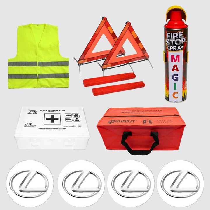 Kit siguranta auto Cri-Flo, Omologat R.A.R, Valabilitate 5 ani, 1x Trusa Prim Ajutor, 2 x Triunghiuri, 1x Stingator tip Spray, 1x Vesta reflectorizanta, Geanta pentru depozitare rosie, 4 Stickere auto cu Lexus