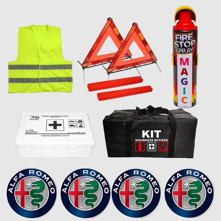 Kit Siguranta Auto Cri-Flo, Omologat RAR, Trusa Prim Ajutor, Stingator Spray, Vesta Reflectorizanta, Geanta Neagra, 4 Stickere Alfa-Romeo, Set Complet