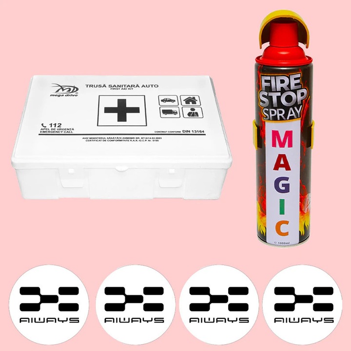 Kit siguranta trusa medicala si stingator, Trusa medicala omologata de prim ajutor, Stingator extinctor tip spray 1000ml, 4x Stickere auto cu Always