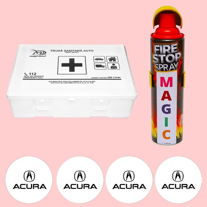 Kit siguranta trusa medicala si stingator, Trusa medicala omologata de prim ajutor, Stingator extinctor tip spray 1000ml, 4x Stickere auto cu Acura