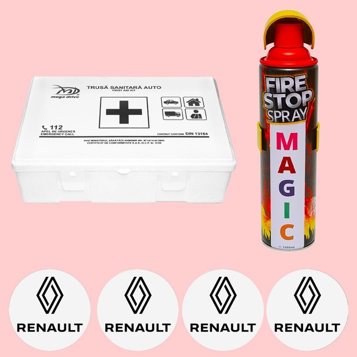 Kit siguranta trusa medicala si stingator, Trusa medicala omologata de prim ajutor, Stingator extinctor tip spray 1000ml, 4x Stickere auto cu Renault