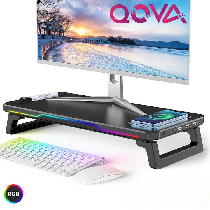 Стойка за монитор и лаптоп RGB, Мултифункционална маса Qova®, с регулируеми RGB светлини и 3 USB2.0 порта + 1 x USB-C, Безжично зареждане на телефон, Ергономична, Идеален органайзер за бюро за гейминг или офис, Сгъваем дизайн, Капацитет 20 кг, Черна