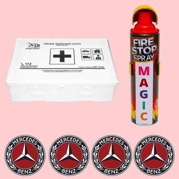 Kit siguranta trusa medicala si stingator, Trusa medicala omologata de prim ajutor, Stingator extinctor tip spray 1000ml, 4x Stickere auto cu Mercedes-Benz
