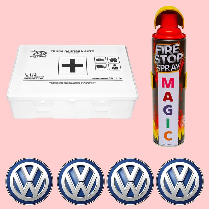 Kit siguranta trusa medicala si stingator, Trusa medicala omologata de prim ajutor, Stingator extinctor tip spray 1000ml, 4x Stickere auto cu Vw
