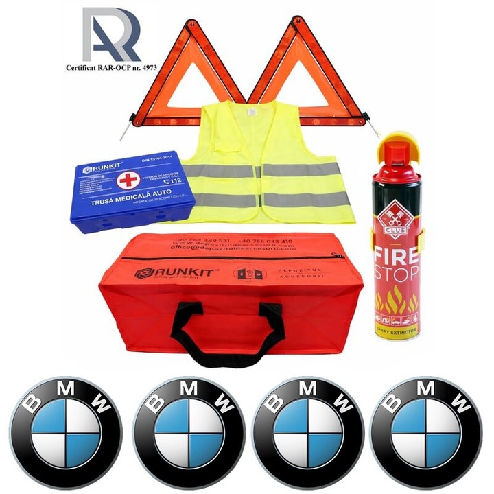 Kit Trusa siguranta rutiera auto, Omologat R.A.R, Valabilitate 5 ani, 1x Extinctor tip spray, 1x Trusa Medicala, 2x Triunghiuri, 1x Geanta depozitare rosie, 4x Stickere auto Bmw