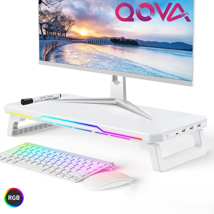 Стойка за монитор и лаптоп RGB, Мултифункционална масичка Qova®, с регулируеми RGB светлини и 3 USB2.0 порта + 1 x USB-C, Безжично зареждане на телефон, Ергономична, Идеален органайзер за бюро за гейминг или офис, Сгъваем дизайн, Капацитет 20 кг, Бял