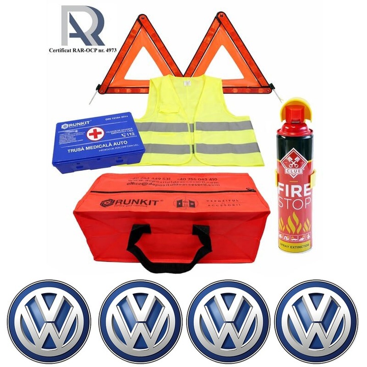 Kit Trusa siguranta rutiera auto, Omologat R.A.R, Valabilitate 5 ani, 1x Extinctor tip spray, 1x Trusa Medicala, 2x Triunghiuri, 1x Geanta depozitare rosie, 4x Stickere auto Volkswagen