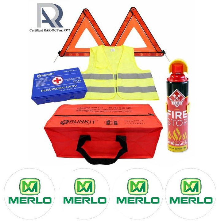 Kit Trusa siguranta rutiera auto, Omologat R.A.R, Valabilitate 5 ani, 1x Extinctor tip spray, 1x Trusa Medicala, 2x Triunghiuri, 1x Geanta depozitare rosie, 4x Stickere auto Merlo