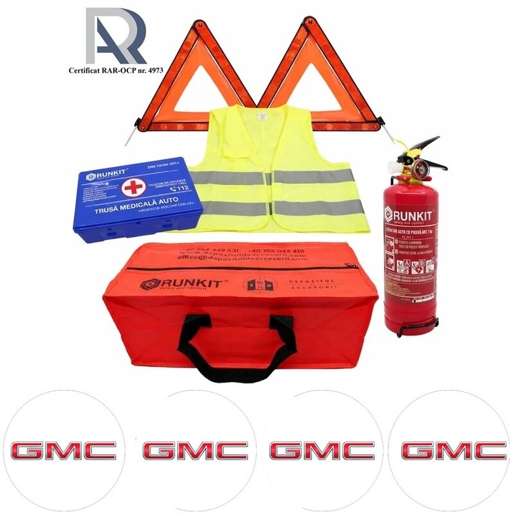 Kit Trusa siguranta rutiera auto, Omologat R.A.R, Valabilitate 5 ani, 1x Stingator cu manometru 1kg P1, 1x Trusa Medicala, 2x Triunghiuri, 1x Geanta depozitare rosie, 4x Stickere auto Gmc
