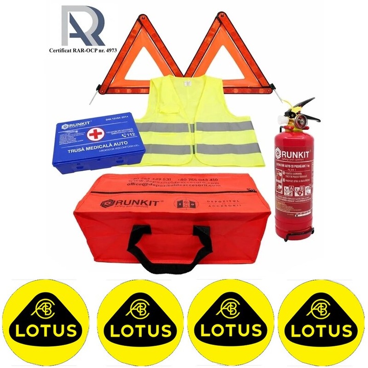 Kit Trusa siguranta rutiera auto, Omologat R.A.R, Valabilitate 5 ani, 1x Stingator cu manometru 1kg P1, 1x Trusa Medicala, 2x Triunghiuri, 1x Geanta depozitare rosie, 4x Stickere auto Lotus
