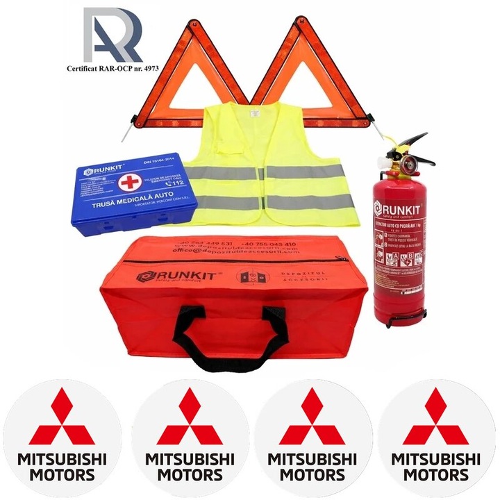 Kit Trusa siguranta rutiera auto, Omologat R.A.R, Valabilitate 5 ani, 1x Stingator cu manometru 1kg P1, 1x Trusa Medicala, 2x Triunghiuri, 1x Geanta depozitare rosie, 4x Stickere auto Mitsubishi