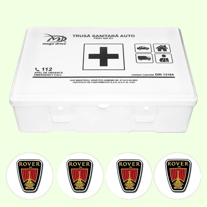 Trusa Medicala Auto Omologata R.A.R De Prim Ajutor, 20 de Articole medicale DIN 13164, 4x Stickere Auto Cu Rover