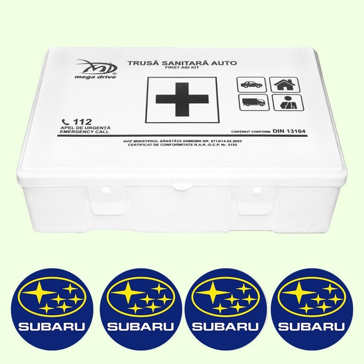 Trusa Medicala Auto Omologata R.A.R De Prim Ajutor, 20 de Articole medicale DIN 13164, 4x Stickere Auto Cu Subaru