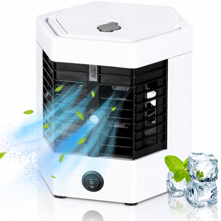 Mini hordozható légkondicionáló vízzel MACVI®, hűtés, párásítás és levegőtisztítás, 10W, USB, 400 ml tartály, 2 sebességfokozat, akár 8 óra üzemidő, fehér