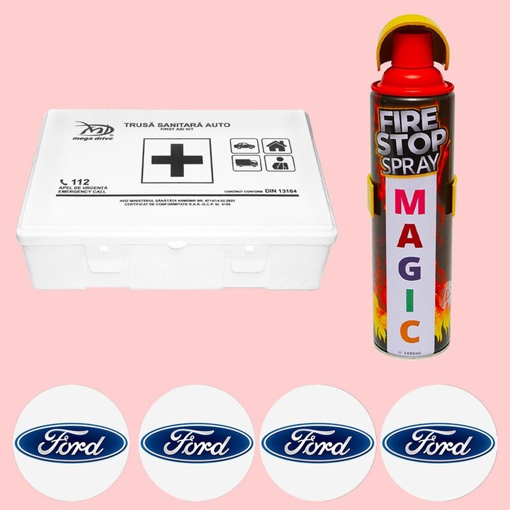 Kit siguranta trusa medicala si stingator, Trusa medicala omologata de prim ajutor, Stingator extinctor tip spray 1000ml, 4x Stickere auto cu Ford