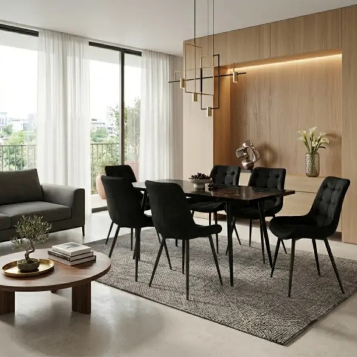Set Masa Extensibila Bucatarie / Dining Lisabona Negru Marmorat ARTA TABLE 140-185 x 80 cm cu 6 Scaune Onix Negru, Tapitate Catifea, Picioare Metalice Negre